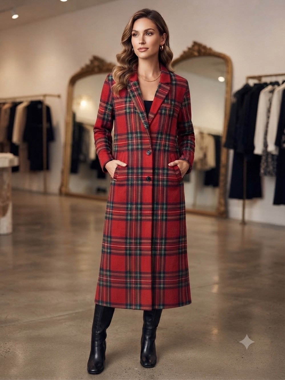 Classic Red Plaid Women's Long Coat